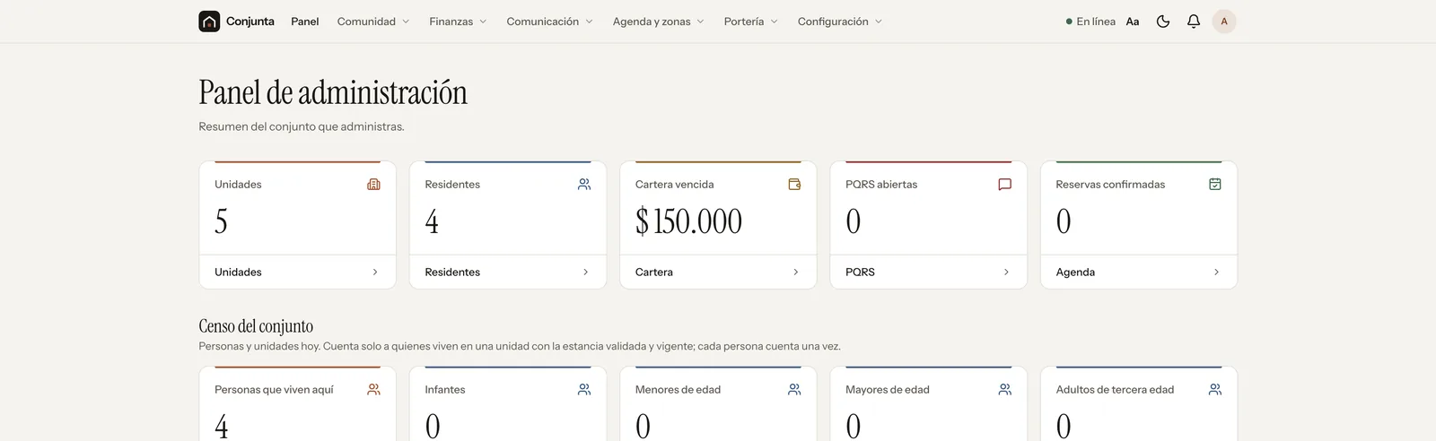 Panel de administración de Conjunta con unidades, residentes, cartera vencida, PQRS y reservas